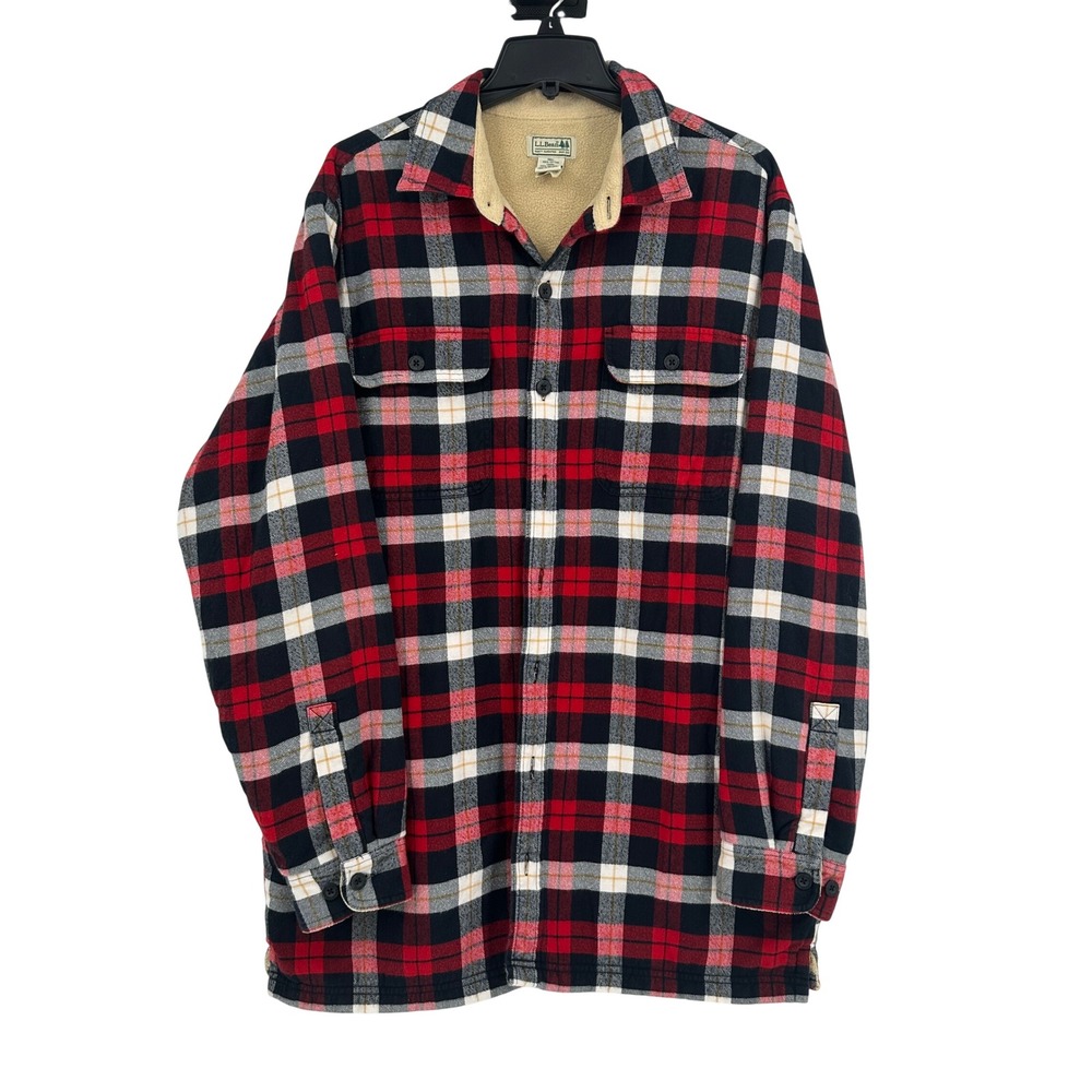 LL Bean Fleece Lined Flannel Shirt Jacket Red Black Plaid 252749 L Tall Men's